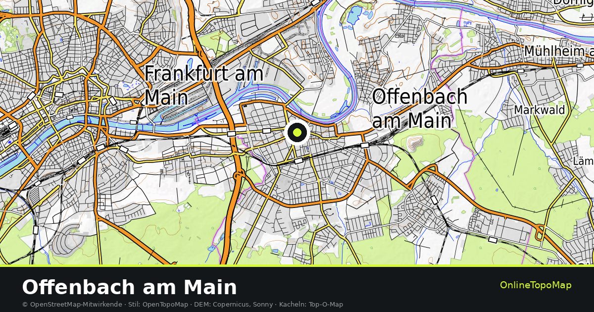 Topographische Karte von Offenbach am Main mit Höhenlinien und Geländeschattierung