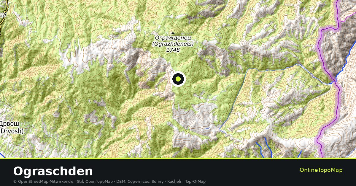 Topographische Karte von Ograschden mit Höhenlinien und Geländeschattierung