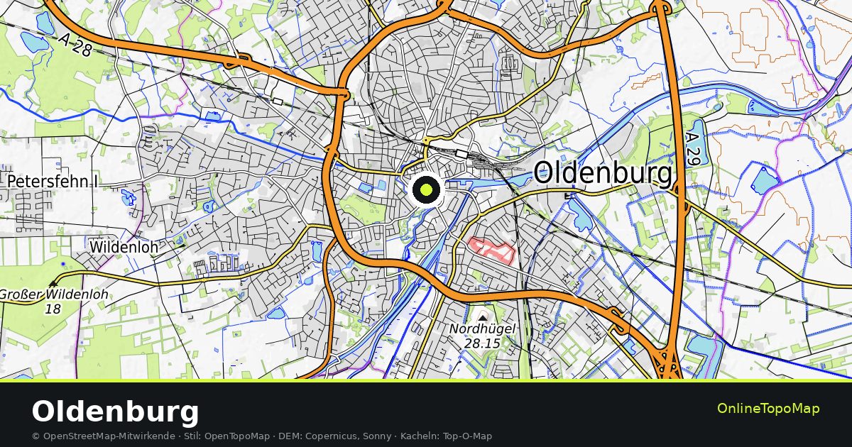 Topographische Karte von Oldenburg mit Höhenlinien und Geländeschattierung