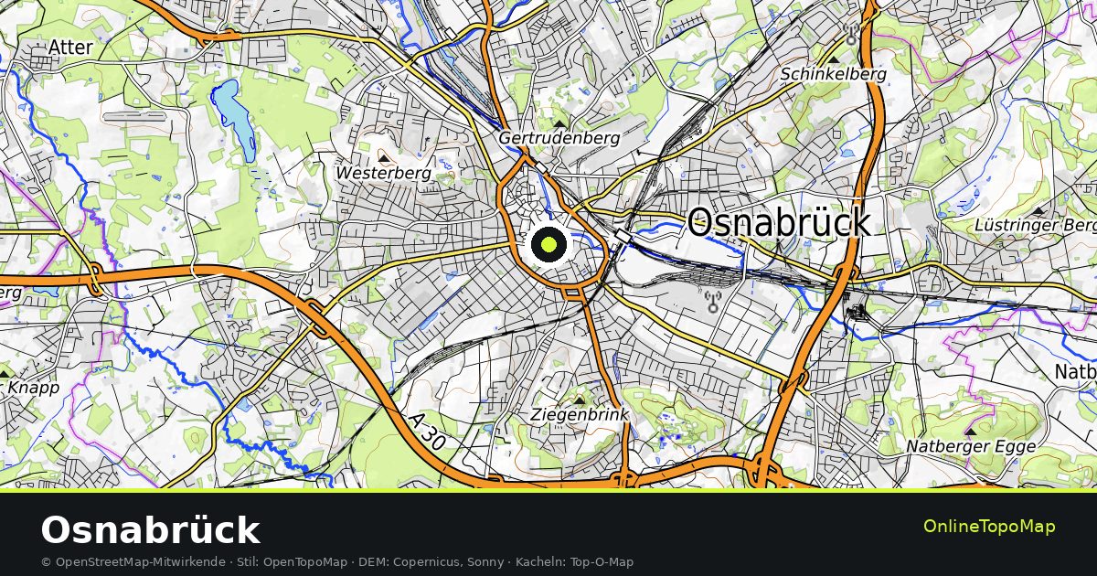 Topographische Karte von Osnabrück mit Höhenlinien und Geländeschattierung