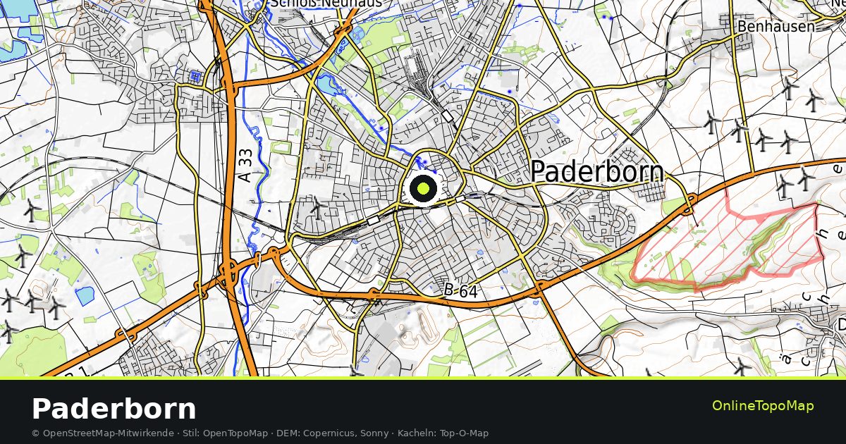 Topographische Karte von Paderborn mit Höhenlinien und Geländeschattierung