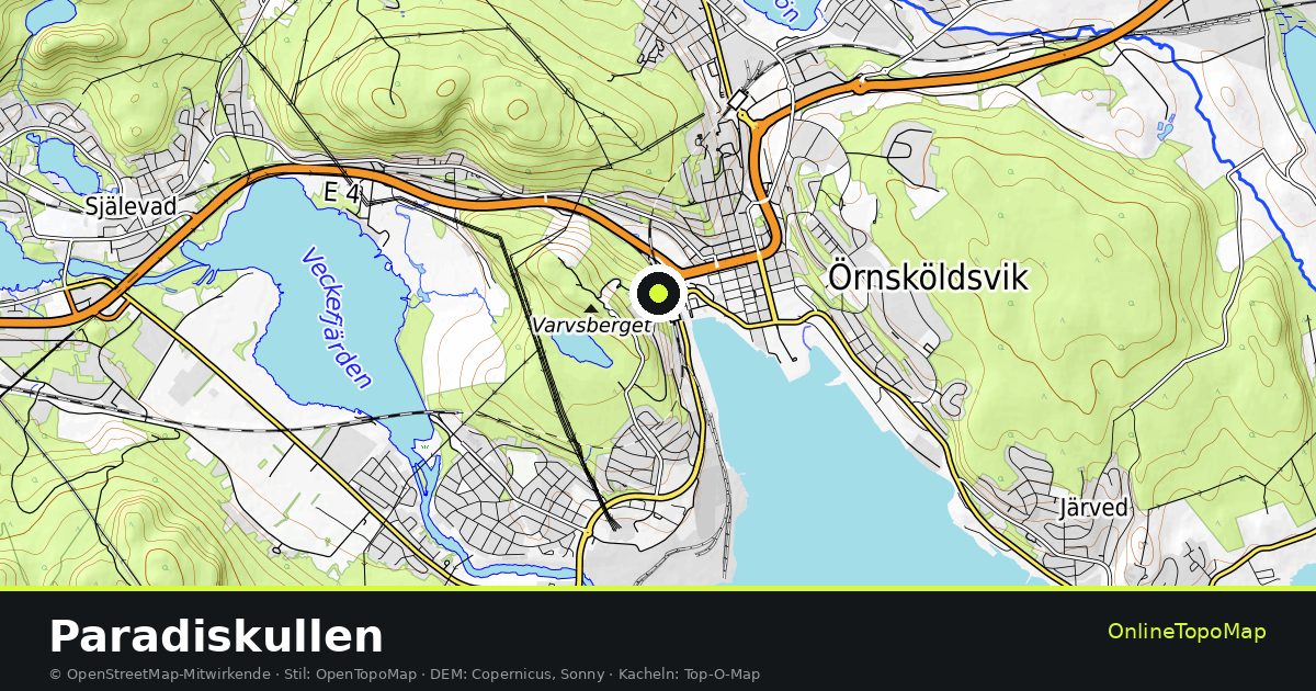 Topographische Karte von Paradiskullen mit Höhenlinien und Geländeschattierung