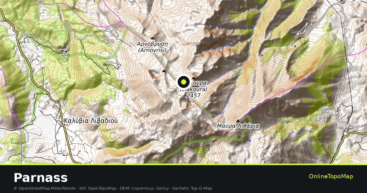 Topographische Karte von Parnass mit Höhenlinien und Geländeschattierung