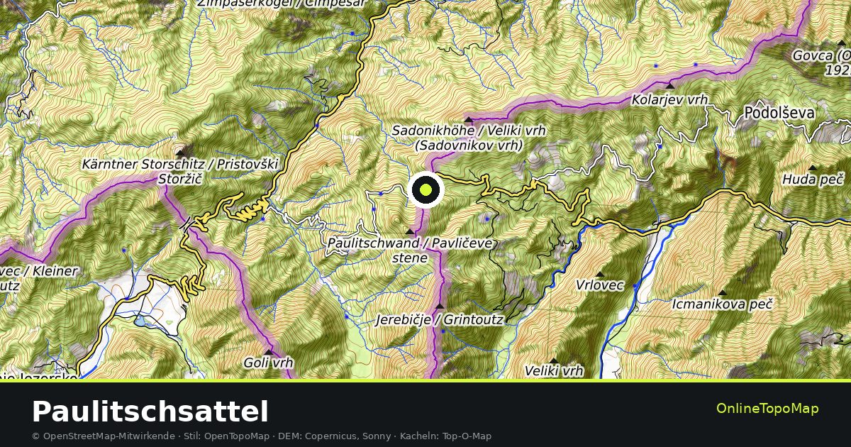 Topographische Karte von Paulitschsattel mit Höhenlinien und Geländeschattierung