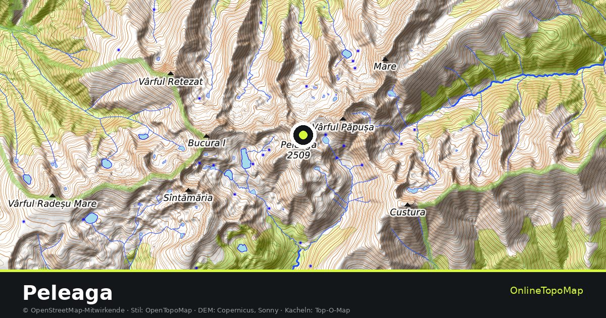 Topographische Karte von Peleaga mit Höhenlinien und Geländeschattierung