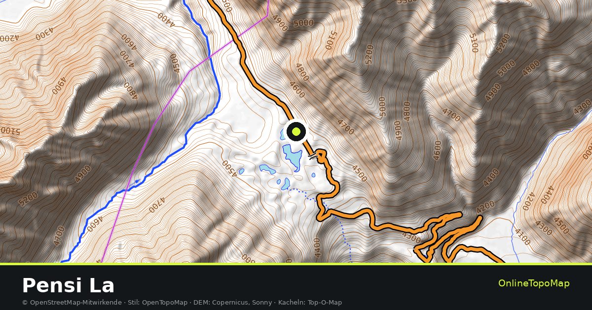 Topographische Karte von Pensi La mit Höhenlinien und Geländeschattierung
