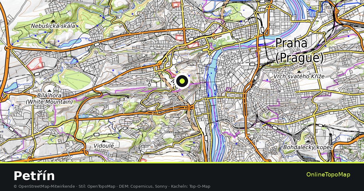 Topographische Karte von Petřín mit Höhenlinien und Geländeschattierung