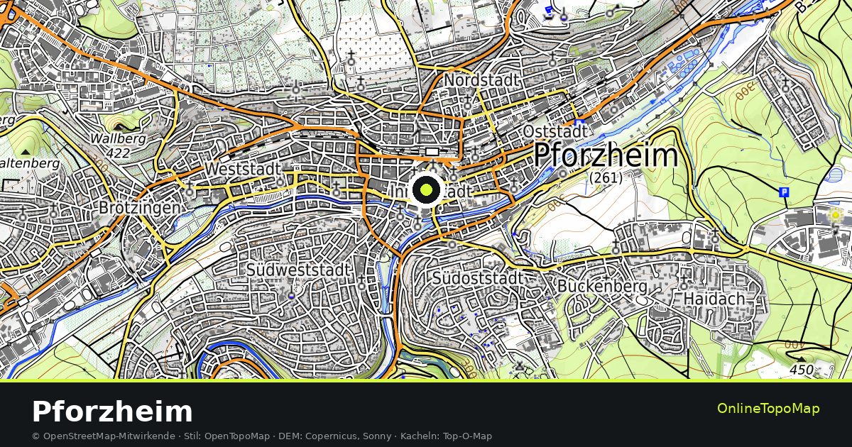 Topographische Karte von Pforzheim mit Höhenlinien und Geländeschattierung