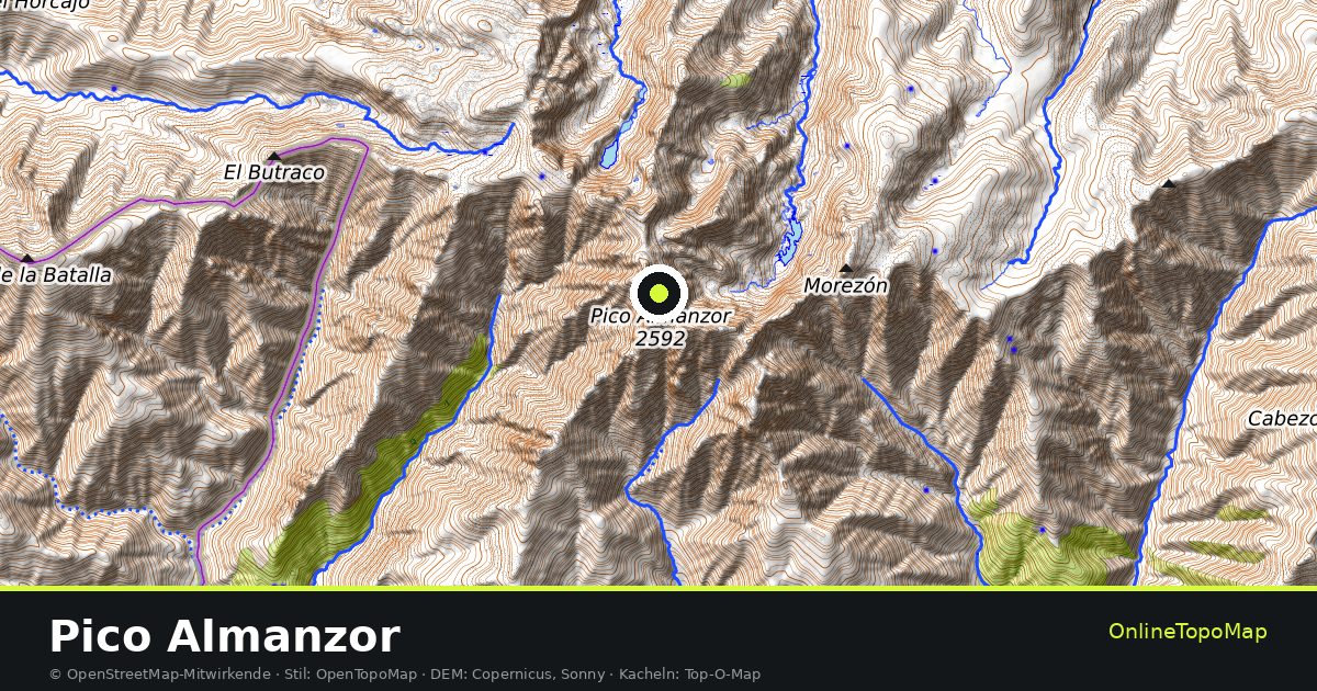 Topographische Karte von Pico Almanzor mit Höhenlinien und Geländeschattierung