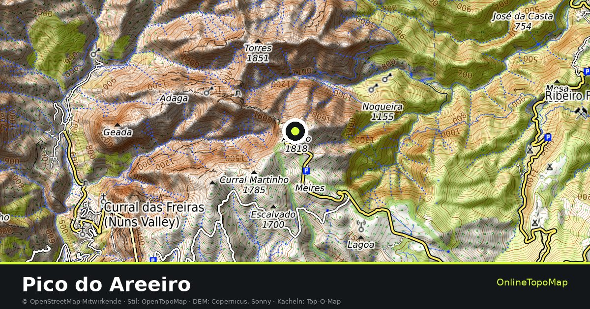 Topographische Karte von Pico do Areeiro mit Höhenlinien und Geländeschattierung