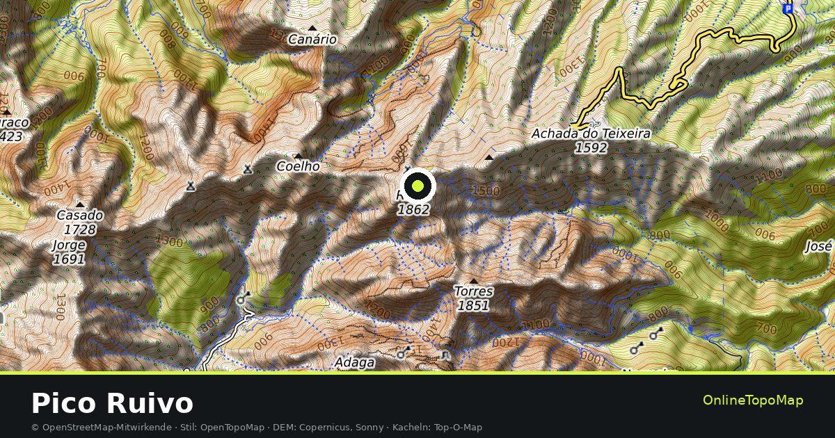 Topographische Karte von Pico Ruivo mit Höhenlinien und Geländeschattierung