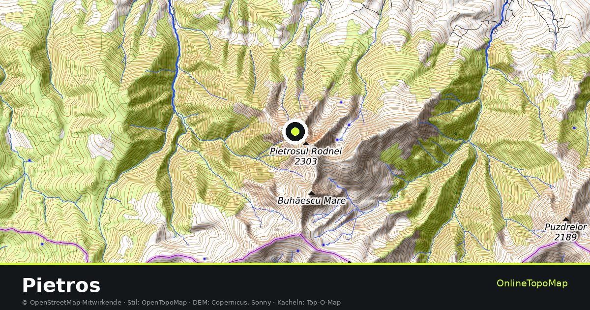 Topographische Karte von Pietros mit Höhenlinien und Geländeschattierung