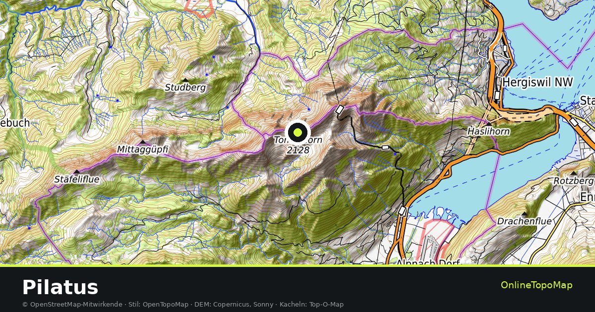 Topographische Karte von Pilatus mit Höhenlinien und Geländeschattierung
