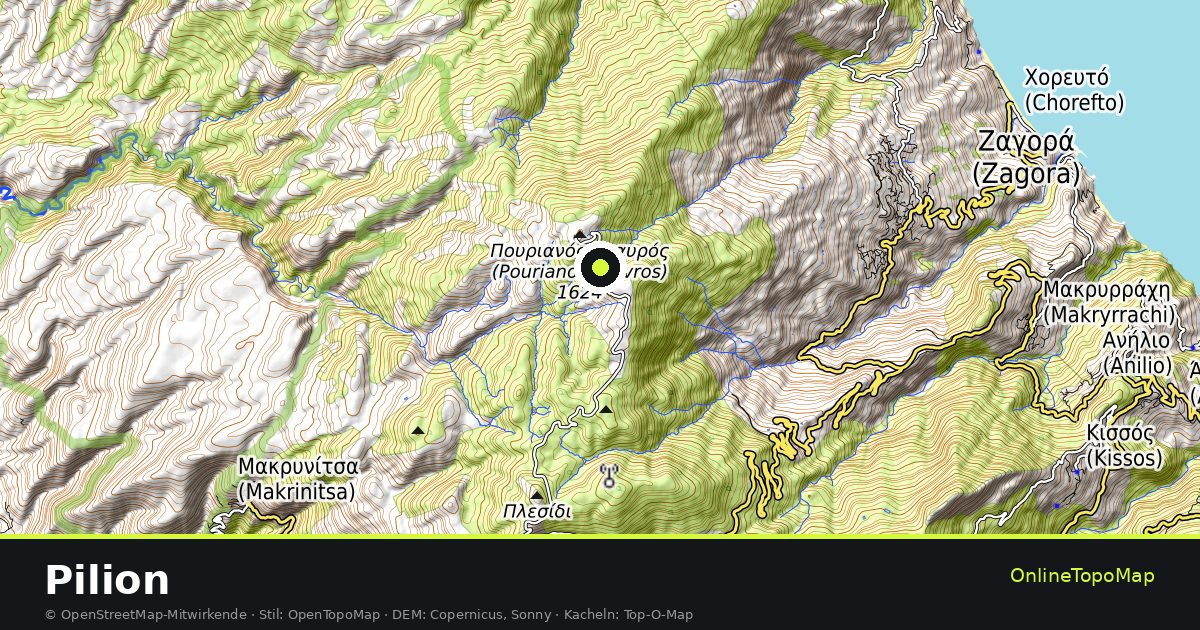 Topographische Karte von Pilion mit Höhenlinien und Geländeschattierung