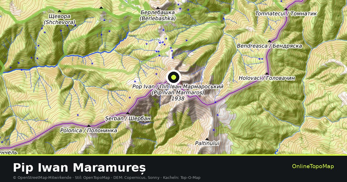 Topographische Karte von Pip Iwan Maramureș mit Höhenlinien und Geländeschattierung