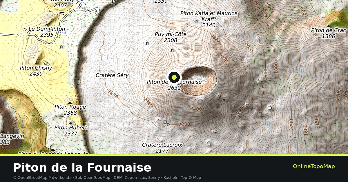 Topographische Karte von Piton de la Fournaise mit Höhenlinien und Geländeschattierung