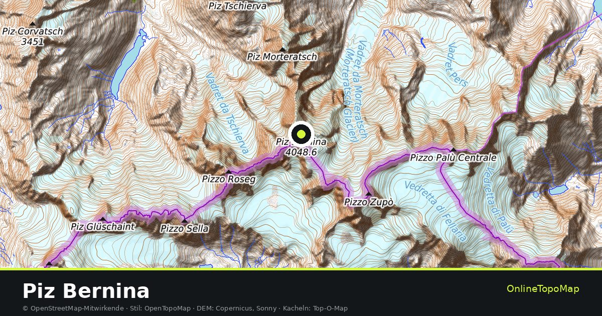 Topographische Karte von Piz Bernina mit Höhenlinien und Geländeschattierung