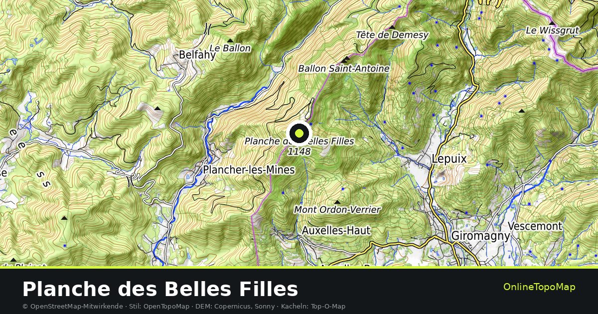 Topographische Karte von Planche des Belles Filles mit Höhenlinien und Geländeschattierung