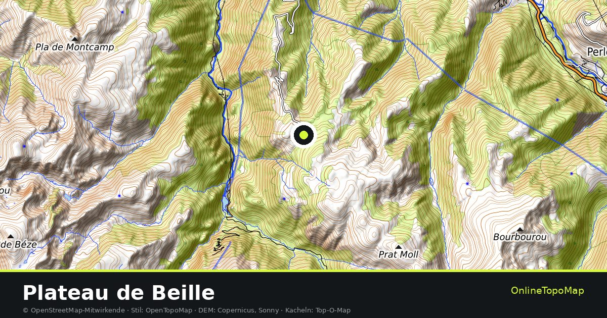 Topographische Karte von Plateau de Beille mit Höhenlinien und Geländeschattierung