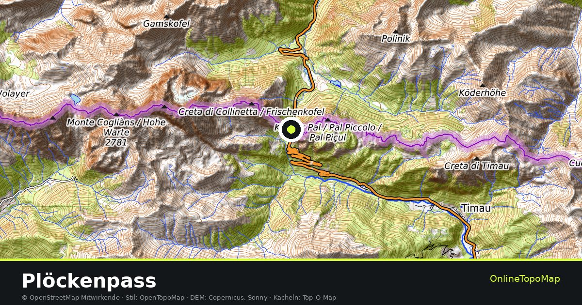 Topographische Karte von Plöckenpass mit Höhenlinien und Geländeschattierung