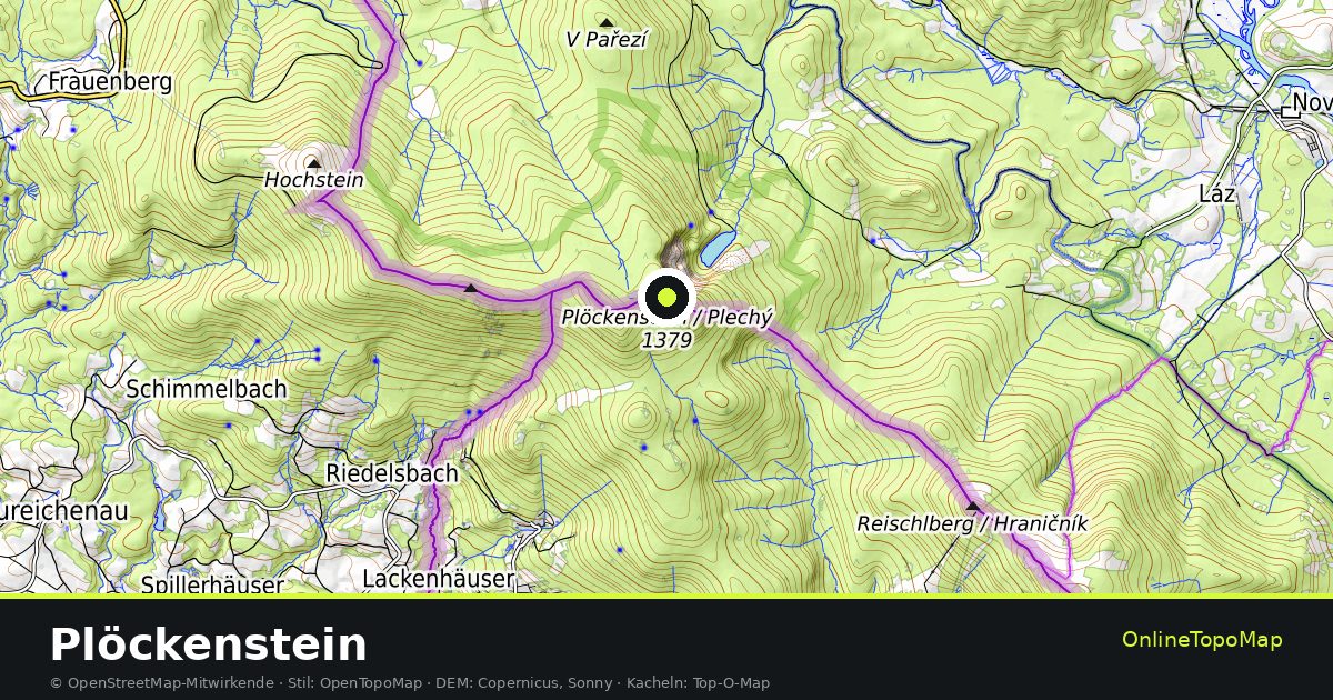 Topographische Karte von Plöckenstein mit Höhenlinien und Geländeschattierung
