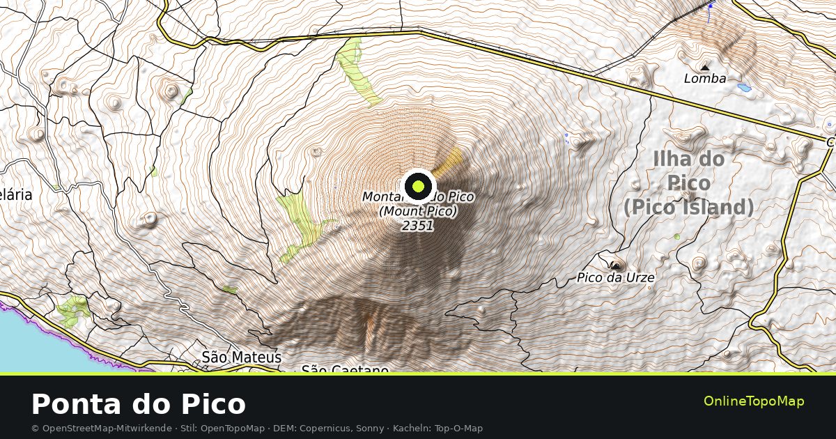 Topographische Karte von Ponta do Pico mit Höhenlinien und Geländeschattierung