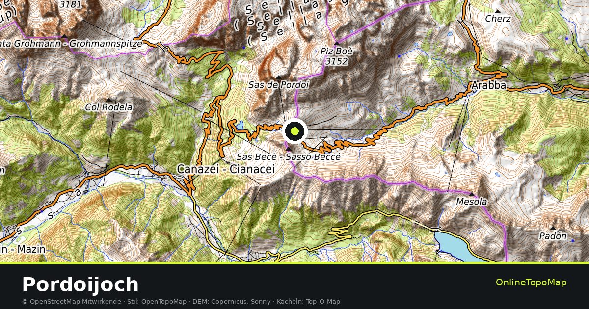 Topographische Karte von Pordoijoch mit Höhenlinien und Geländeschattierung