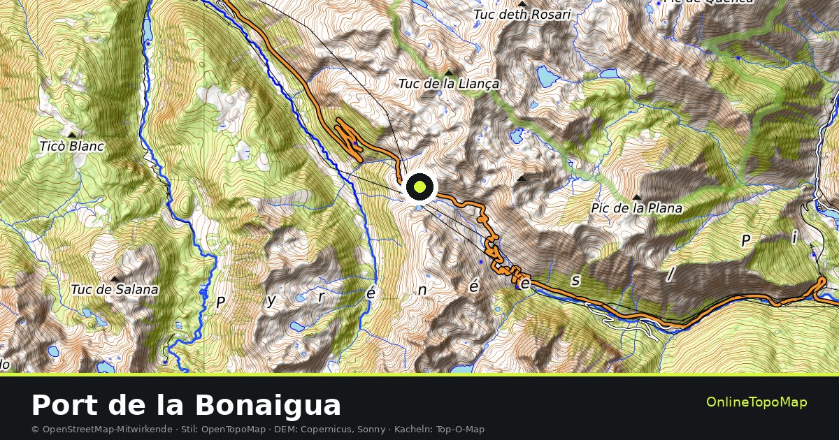 Topographische Karte von Port de la Bonaigua mit Höhenlinien und Geländeschattierung