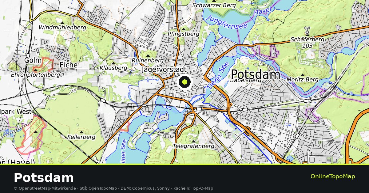 Topographische Karte von Potsdam mit Höhenlinien und Geländeschattierung