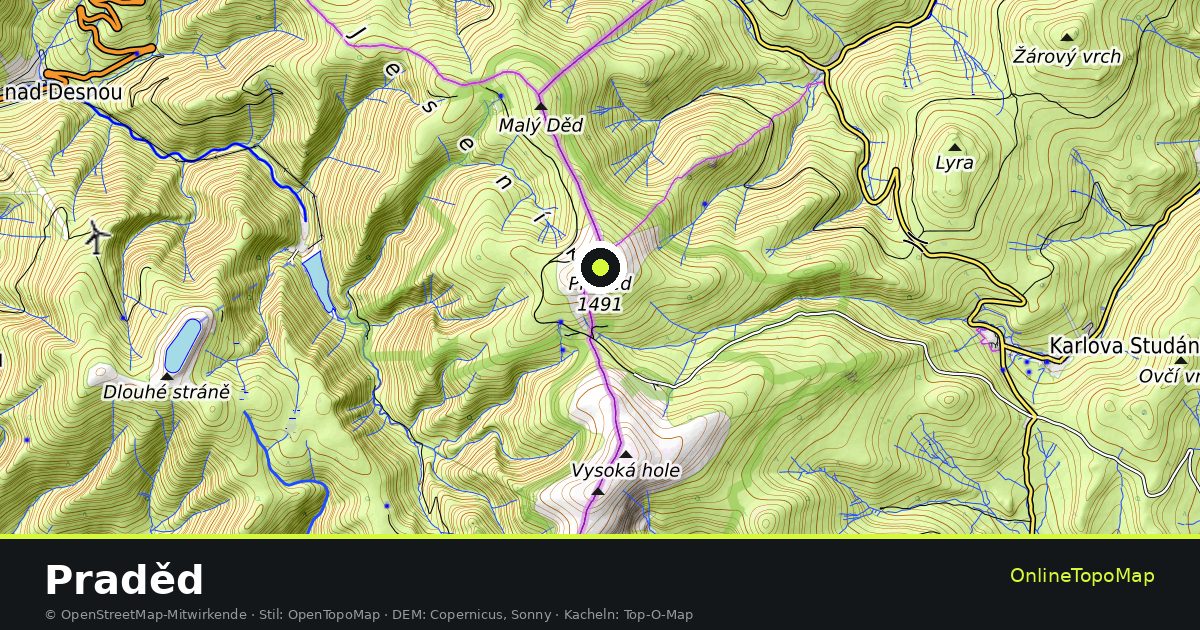 Topographische Karte von Praděd mit Höhenlinien und Geländeschattierung