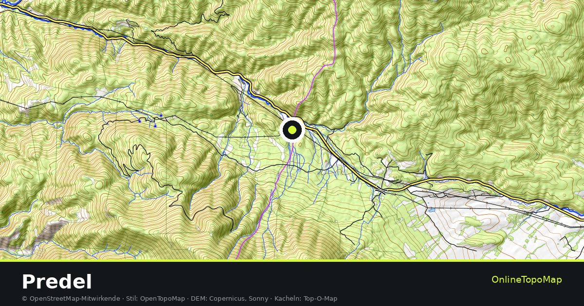 Topographische Karte von Predel mit Höhenlinien und Geländeschattierung