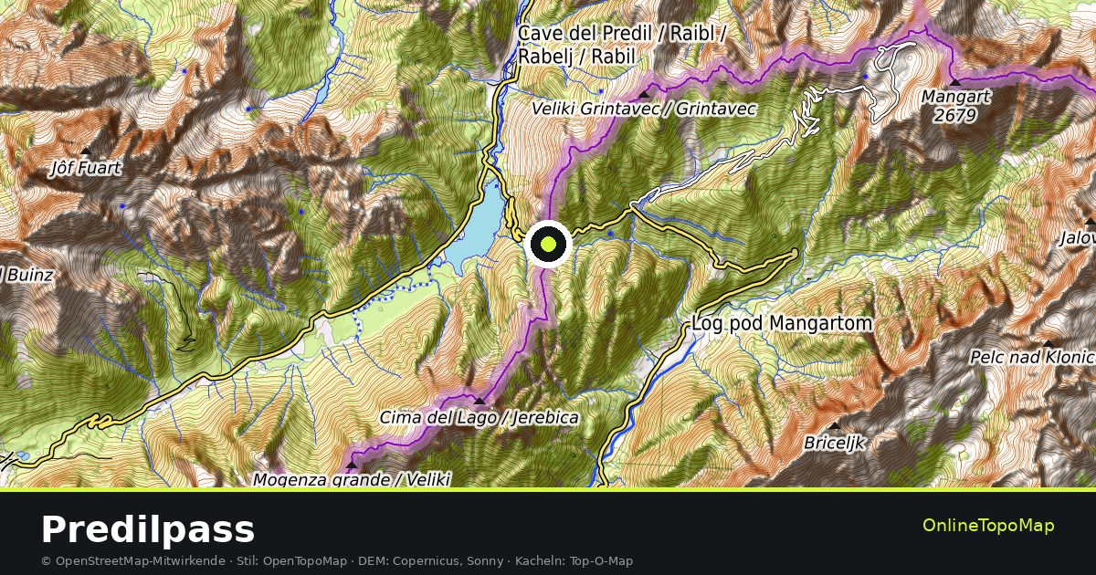 Topographische Karte von Predilpass mit Höhenlinien und Geländeschattierung