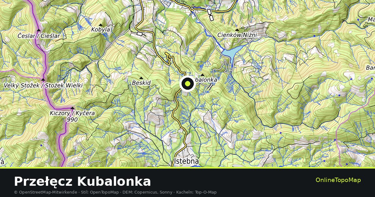 Topographische Karte von Przełęcz Kubalonka mit Höhenlinien und Geländeschattierung