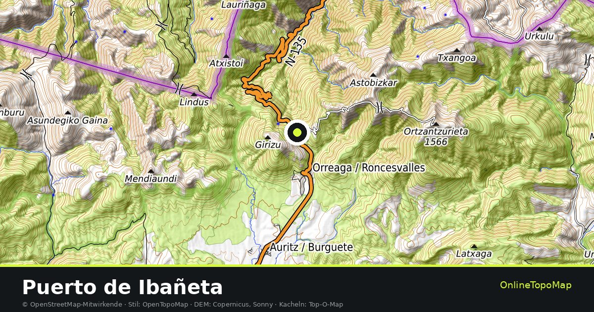 Topographische Karte von Puerto de Ibañeta mit Höhenlinien und Geländeschattierung