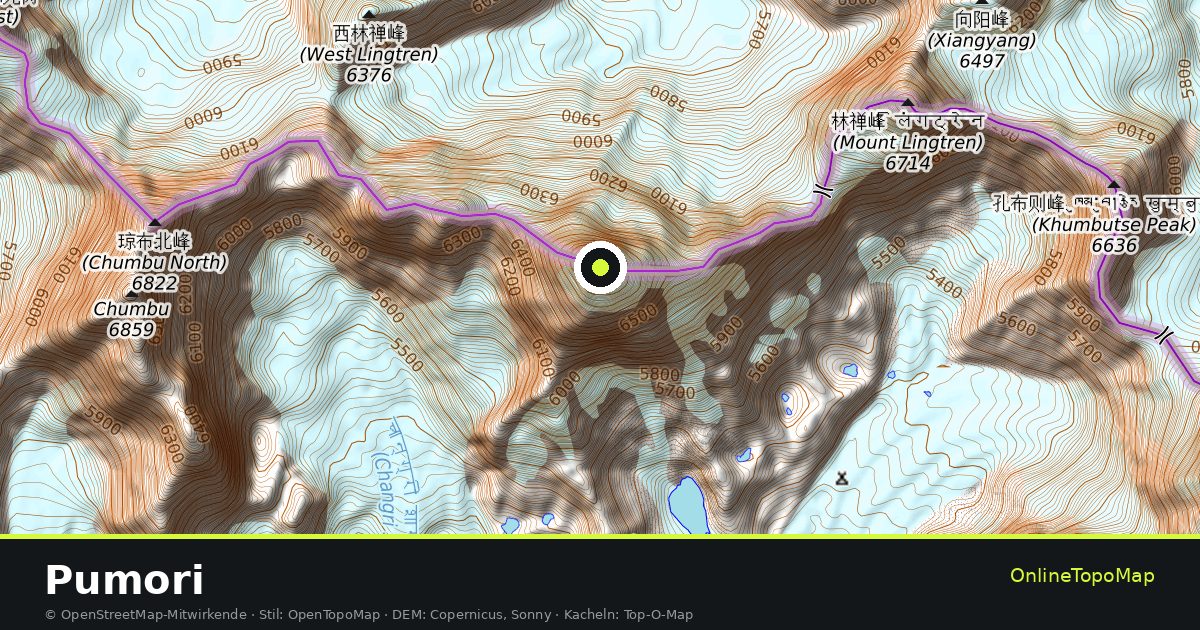 Topographische Karte von Pumori mit Höhenlinien und Geländeschattierung