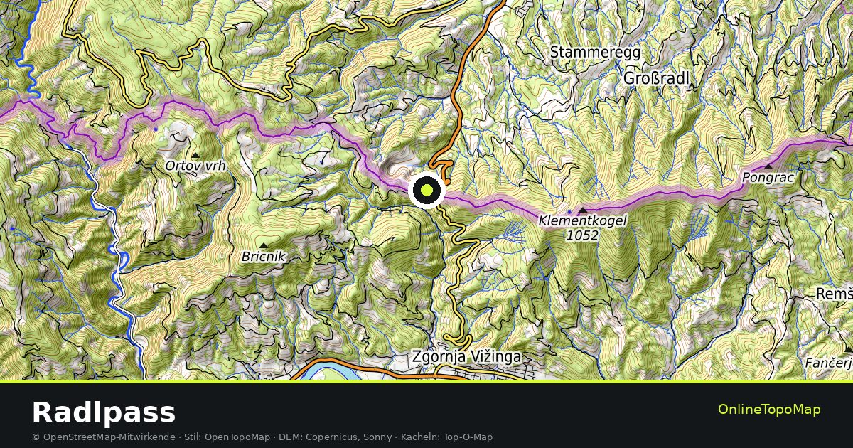 Topographische Karte von Radlpass mit Höhenlinien und Geländeschattierung