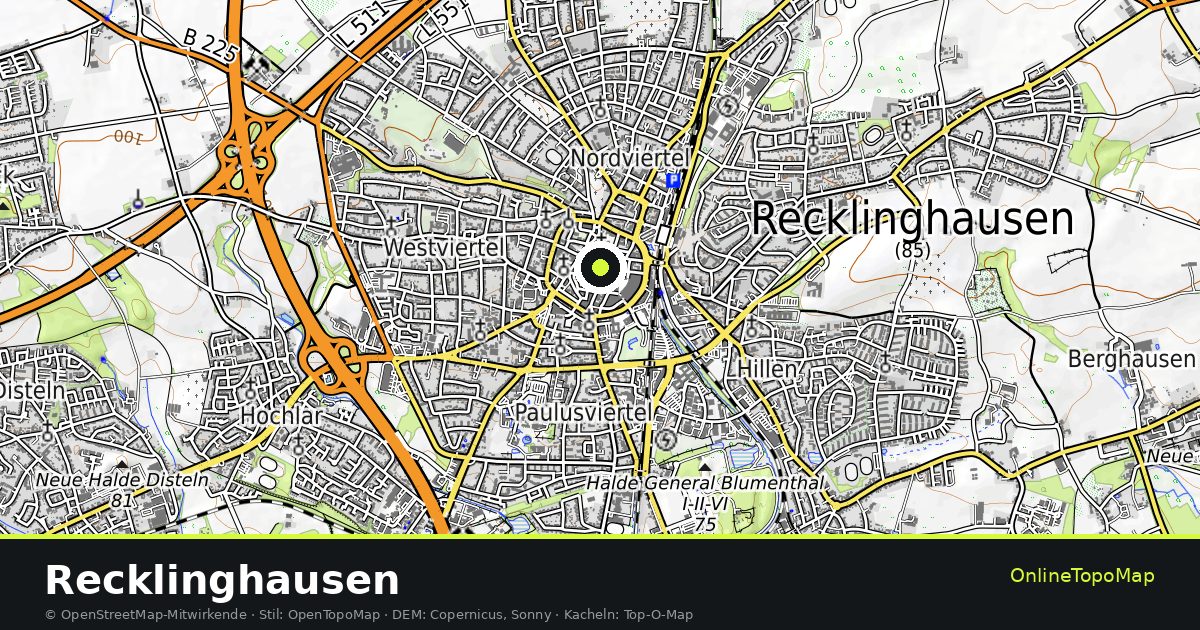 Topographische Karte von Recklinghausen mit Höhenlinien und Geländeschattierung