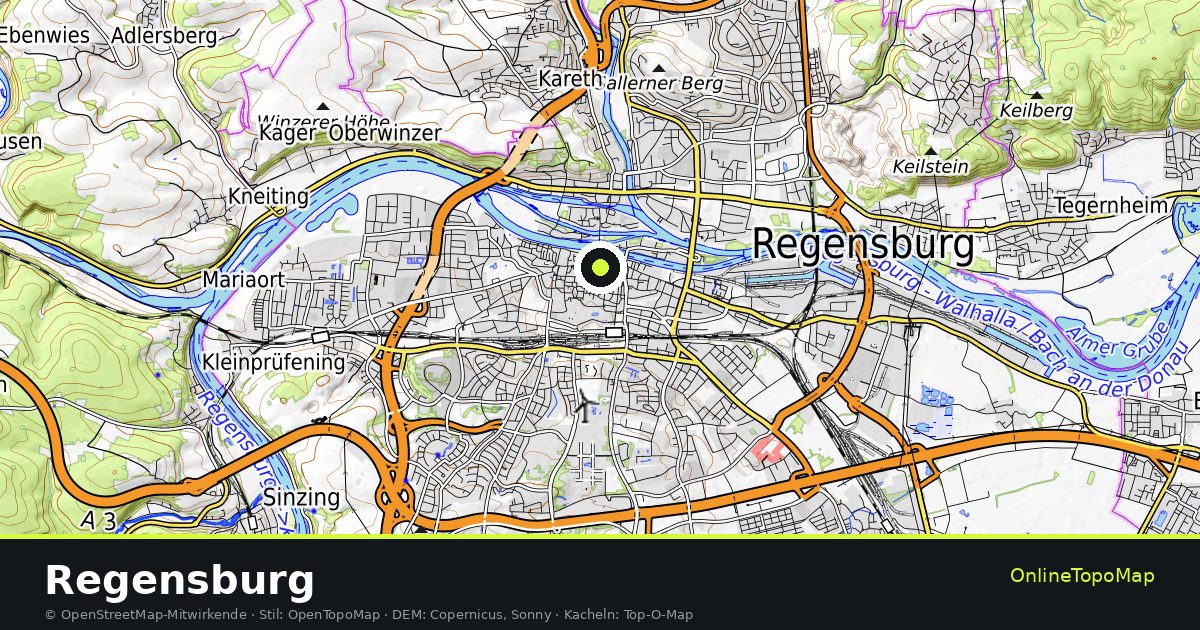 Topographische Karte von Regensburg mit Höhenlinien und Geländeschattierung