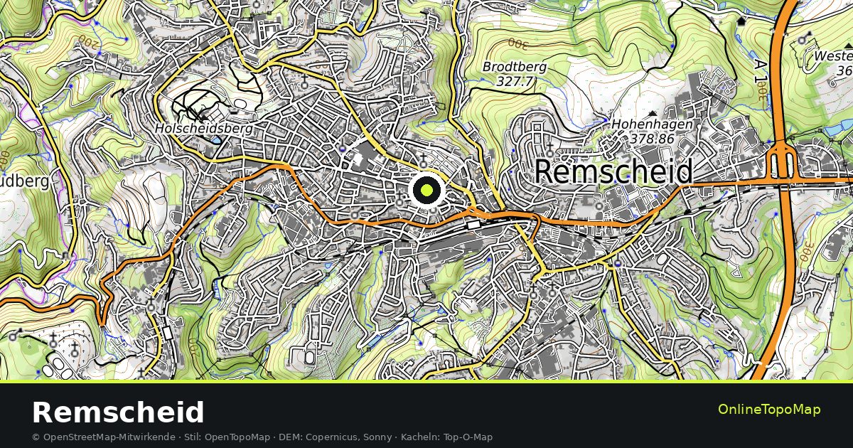 Topographische Karte von Remscheid mit Höhenlinien und Geländeschattierung