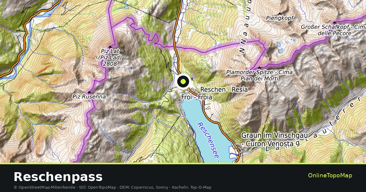 Topographische Karte von Reschenpass mit Höhenlinien und Geländeschattierung