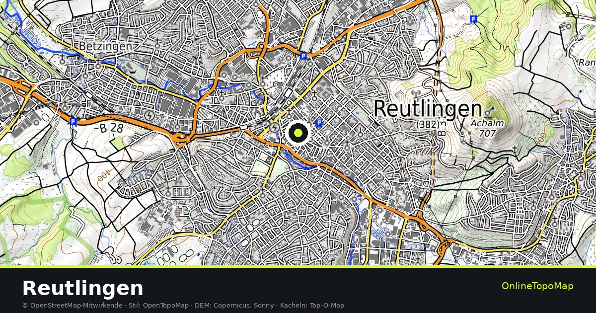 Topographische Karte von Reutlingen mit Höhenlinien und Geländeschattierung