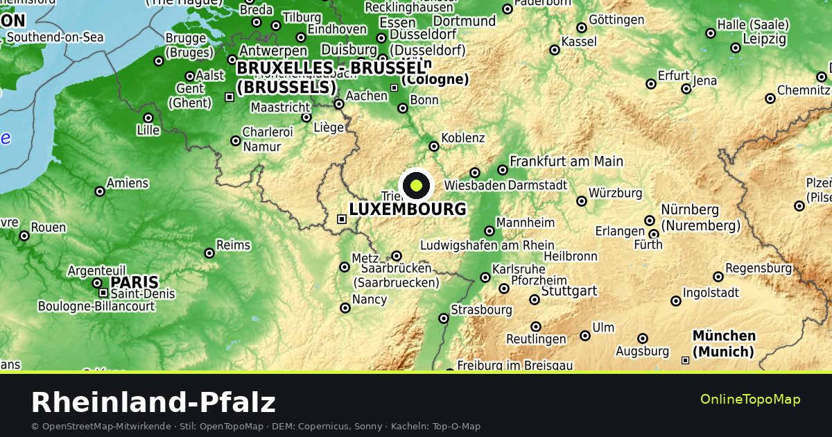 Topographische Karte von Rheinland-Pfalz mit Höhenlinien und Geländeschattierung