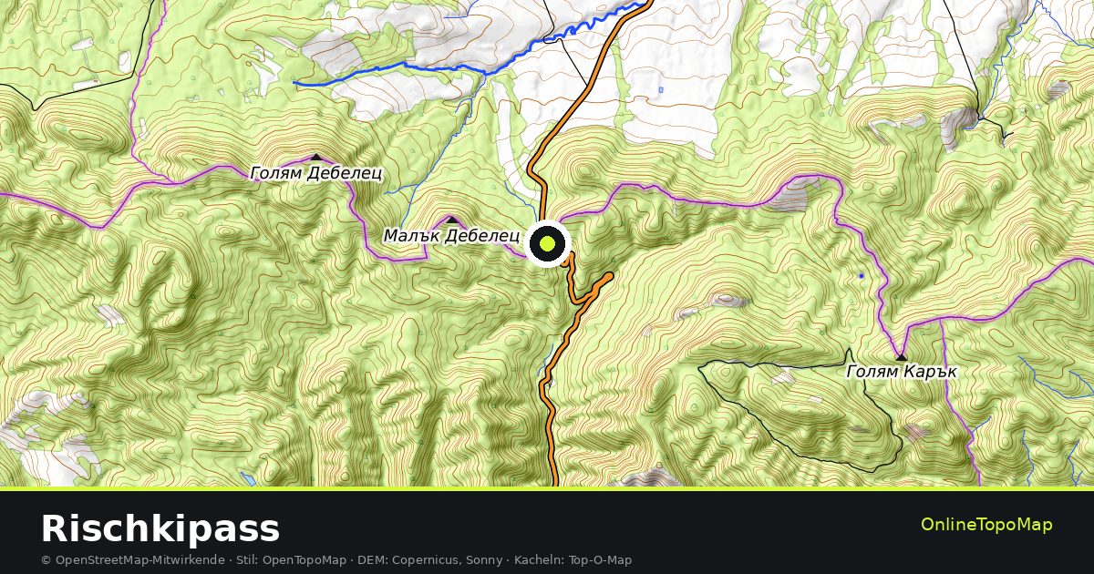 Topographische Karte von Rischkipass mit Höhenlinien und Geländeschattierung
