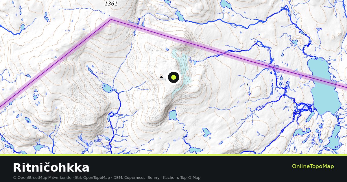 Topographische Karte von Ritničohkka mit Höhenlinien und Geländeschattierung
