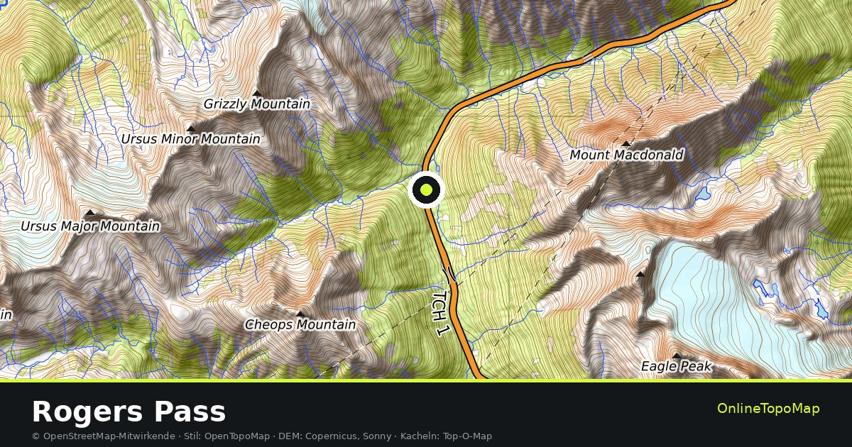Topographische Karte von Rogers Pass mit Höhenlinien und Geländeschattierung