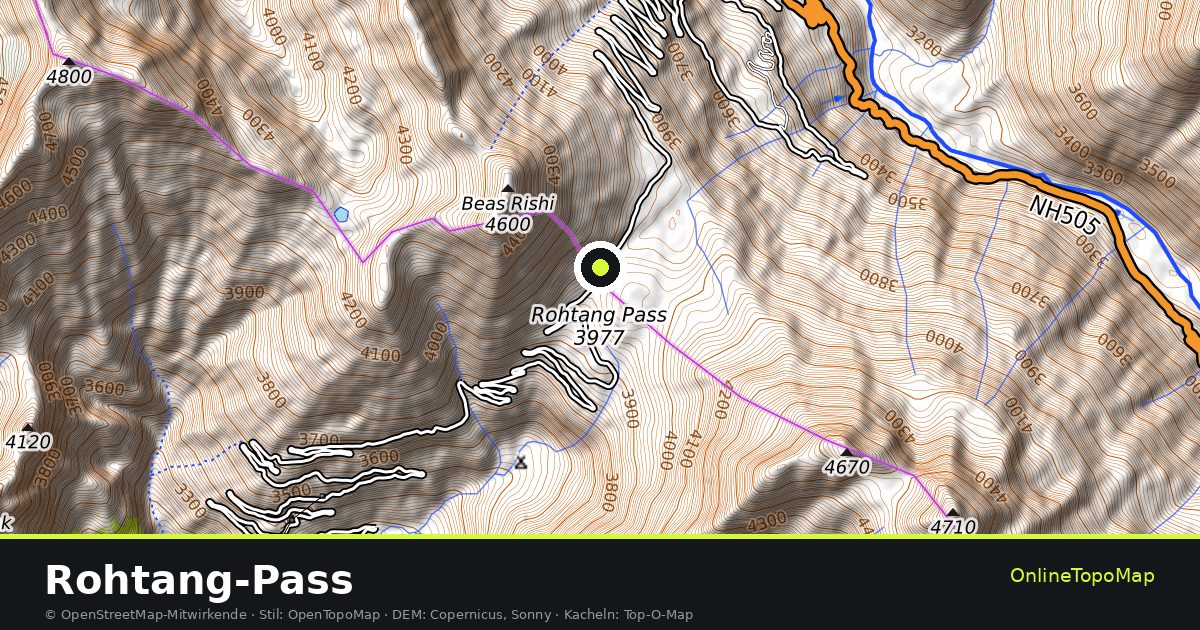 Topographische Karte von Rohtang-Pass mit Höhenlinien und Geländeschattierung
