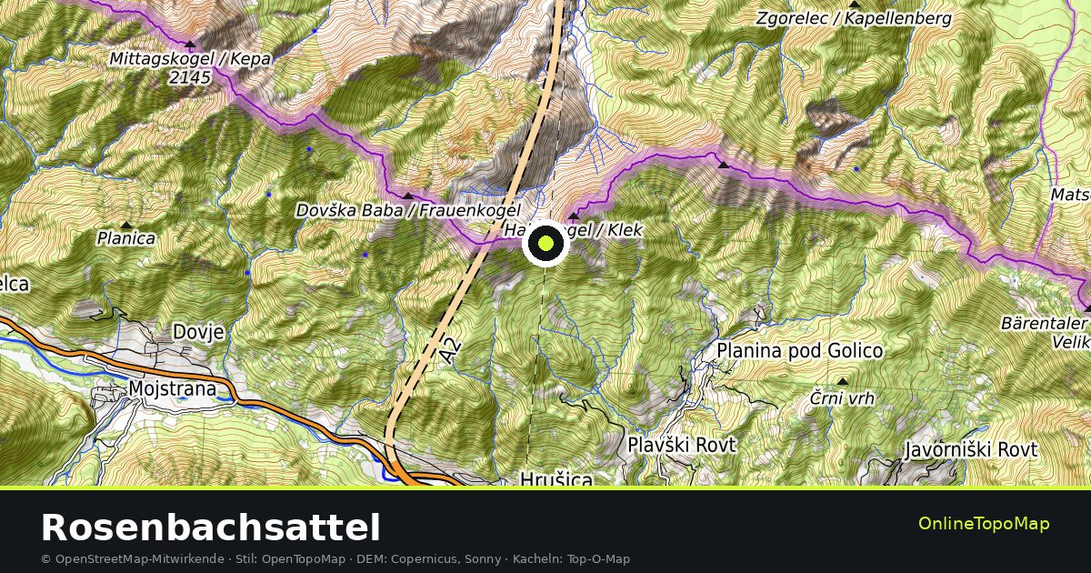 Topographische Karte von Rosenbachsattel mit Höhenlinien und Geländeschattierung