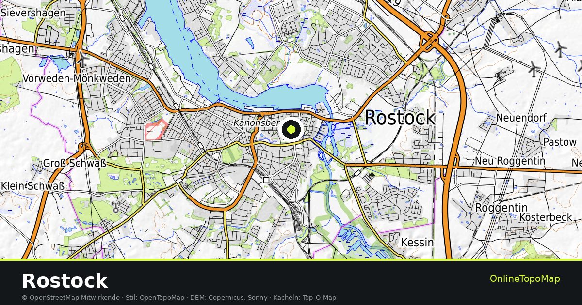 Topographische Karte von Rostock mit Höhenlinien und Geländeschattierung