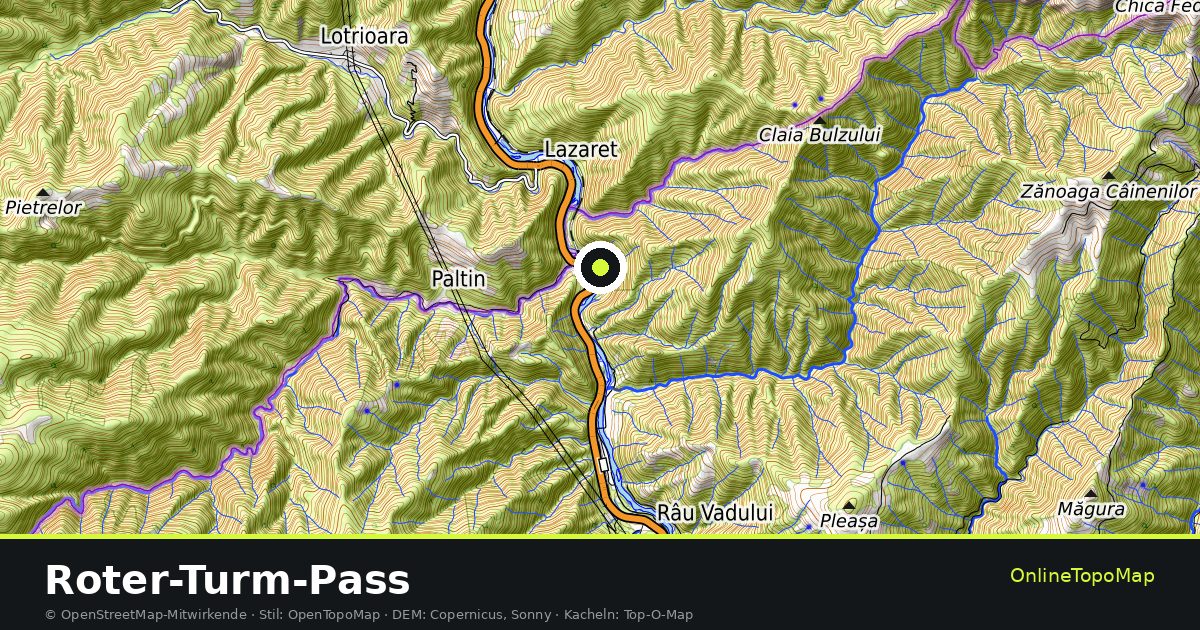Topographische Karte von Roter-Turm-Pass mit Höhenlinien und Geländeschattierung