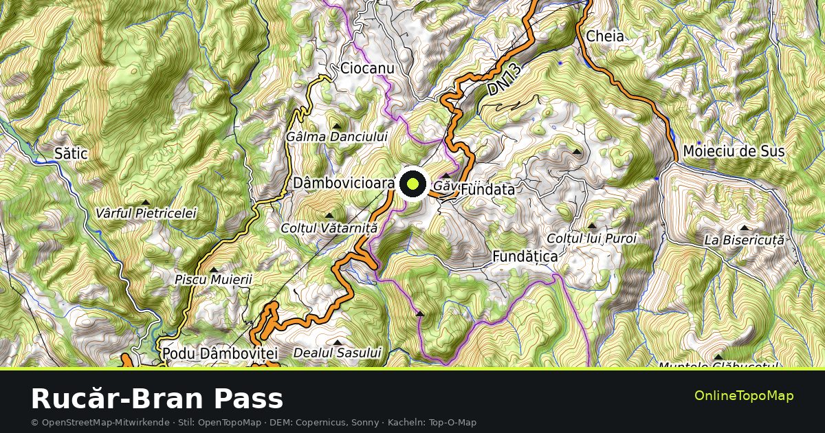Topographische Karte von Rucăr-Bran Pass mit Höhenlinien und Geländeschattierung